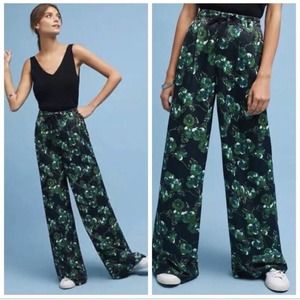 Elevenses Anthropologie Floral Botanical Silken Wide-Leg Pant